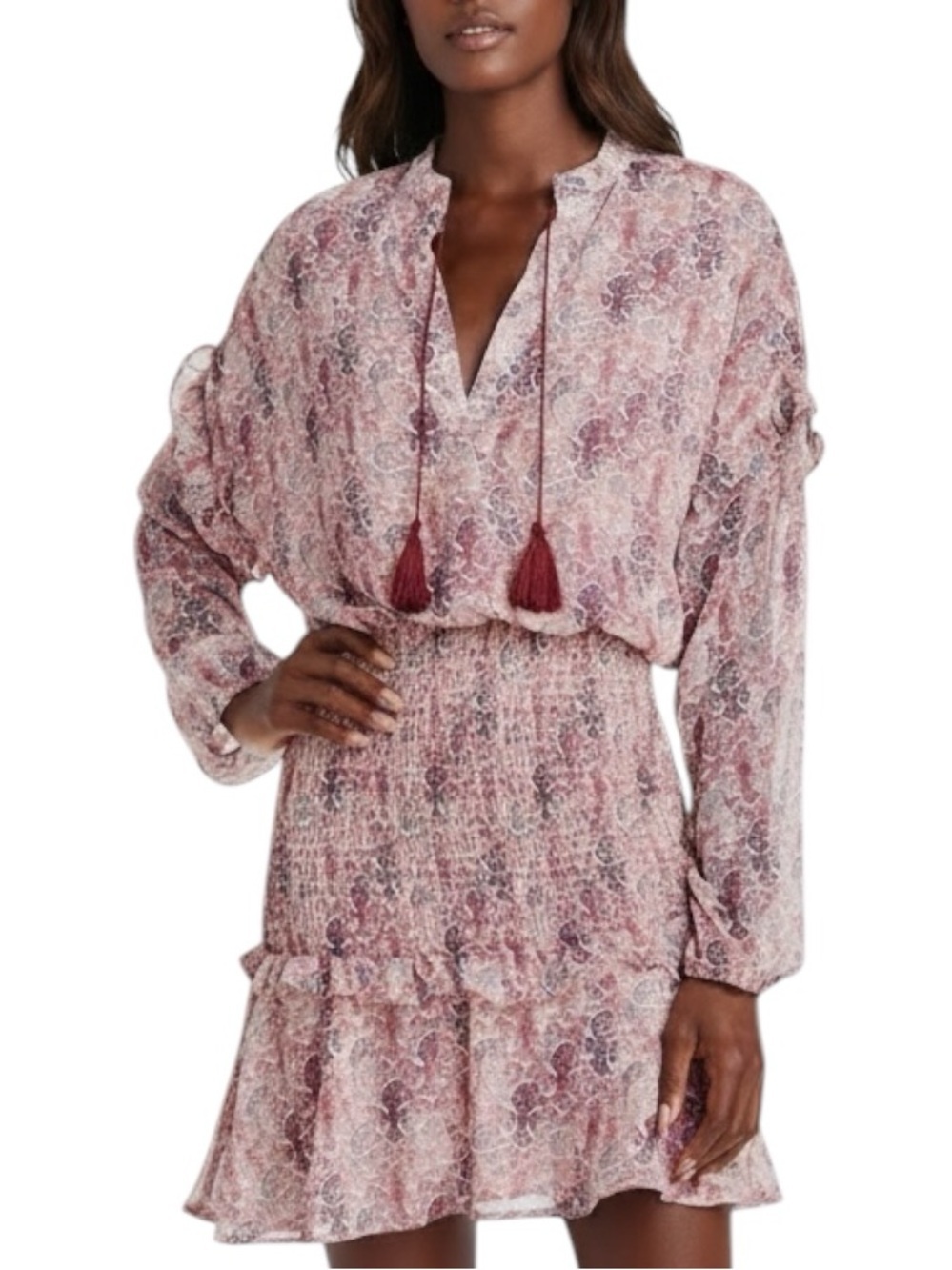 NWT AQUA Semi Sheer Long Sleeve V-Neck Smocked Body Ruffle Hem Dress Size Medium